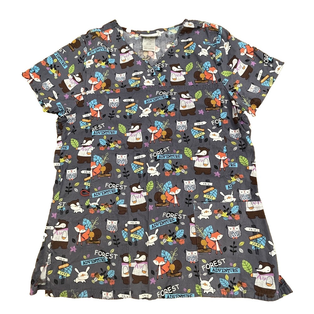 Scrubstar Scrub Top Small V-Neck Black Forest Animals Short Sleeve